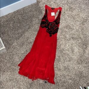 Bebe Elegant Red Sleeveless Dress with Black Embroidery and Beading